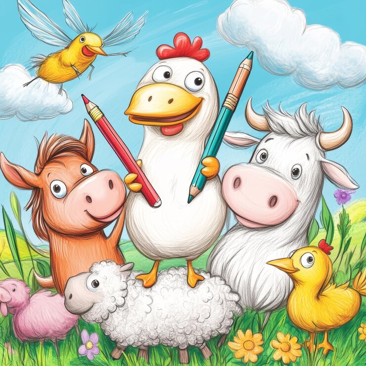 Foto scena dei cartoni animati con gli animali da fattoria nel prato illustrazione per bambini