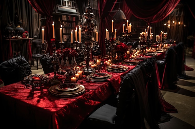 Scena del ballo dei vampiri con ospiti eleganti con decorazioni opulente e un'atmosfera di mistero