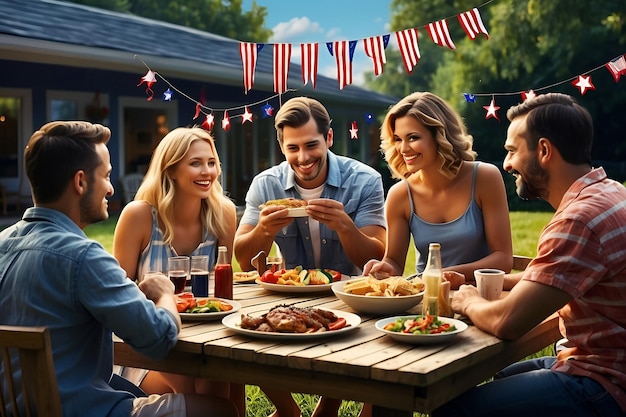 Scena del barbecue del 4 luglio gruppo di amici o famiglia che si godono il cibo e la compagnia generata dall'arte