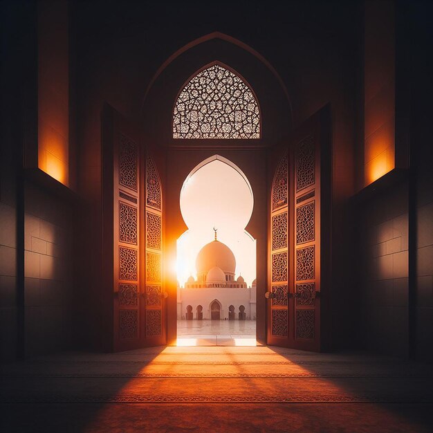 Scena del crepuscolo con il caldo bagliore del tramonto che illumina la porta della moschea e la silhouette della cupola