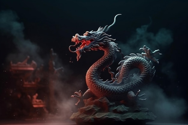 Scena del drago mitico cinese e luci sfocate su sfondo nebbioso scuro generativo ai