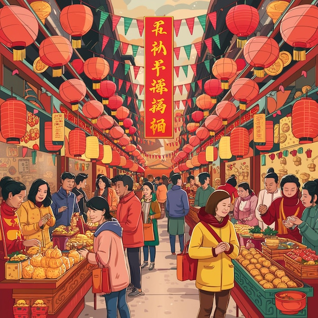 Scena del mercato del Capodanno lunare affollata di persone che acquistano decorazioni e dolcetti tradizionali