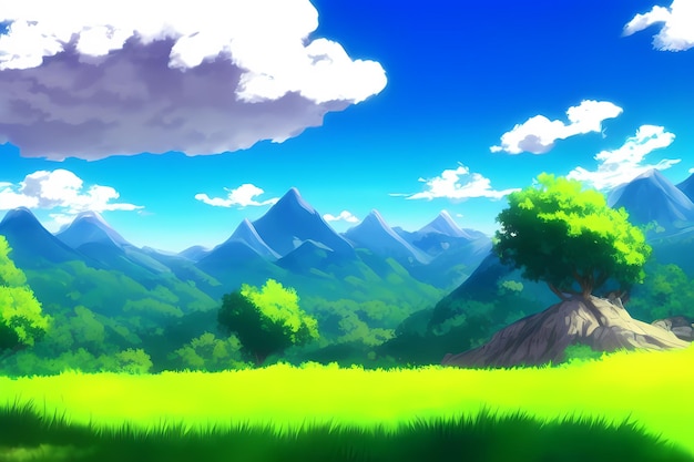 Scena del paesaggio con una splendida vegetazione, montagne, prati, alberi, con cieli azzurri e montagne e
