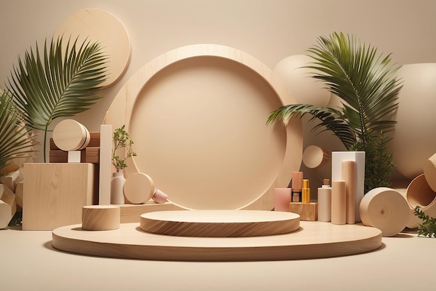Scena del podio con forme geometriche in legno e podio circolare per prodotto cosmetico, sfondo beige, palma