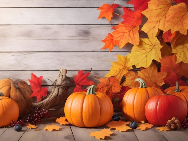 Scena del Ringraziamento o autunnale con foglie autunnali di zucche e bacche su un tavolo di legno