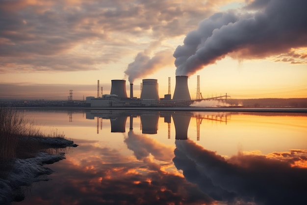 Scena del tardo pomeriggio con vista sulla riva del fiume con il reattore nucleare Doel Porto di Anversa Generative AI