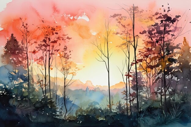 Scena dell'acquerello della foresta con l'impostazione del tramonto calde tonalità di rosa e arancione contro un cielo blu