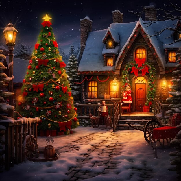 Scena dell'albero di Natale nel villaggio invernale3d rendering per idee di cartoline natalizie