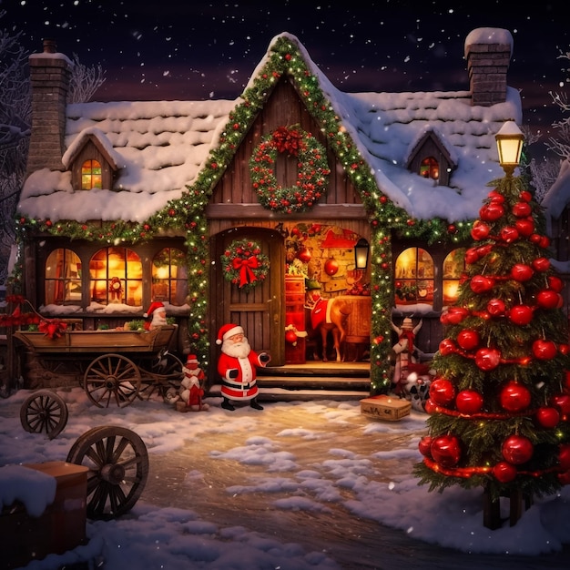 Scena dell'albero di Natale nel villaggio invernale3d rendering per idee di cartoline natalizie