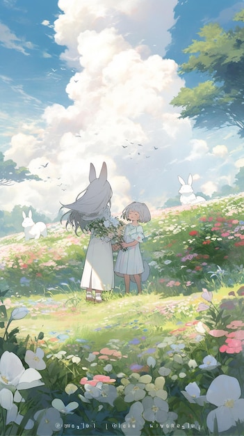 scena dell'anime di due ragazze in un campo di fiori con uno sfondo celeste generativo ai
