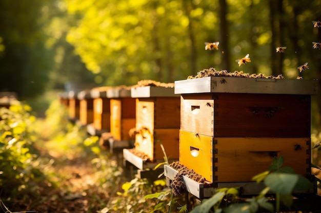 Scena dell'apiario che produce miele negli alveari AI