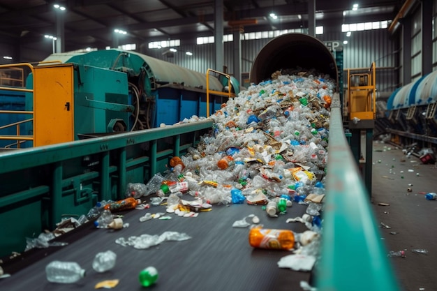 Scena dell'impianto di riciclaggio Cintura trasportatrice con un mucchio di rifiuti