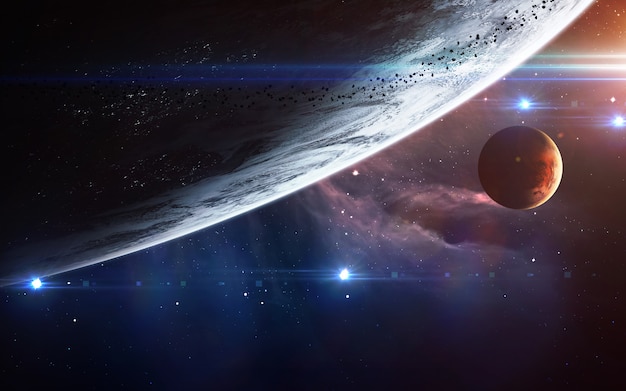Scena dell'universo con pianeti, stelle e galassie nello spazio esterno che mostrano la bellezza dell'esplorazione spaziale.