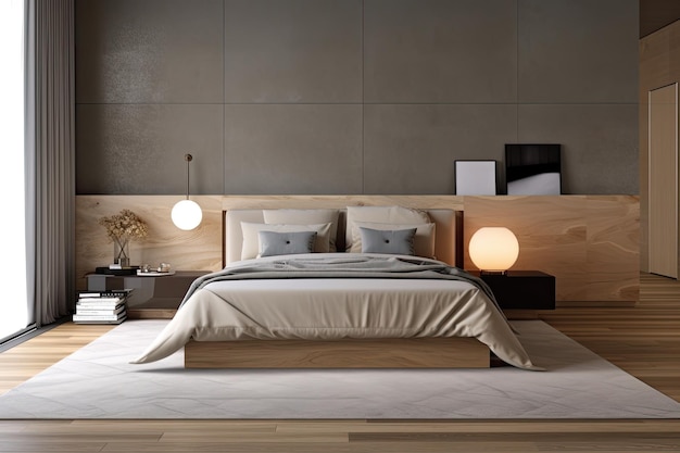 Scena della camera da letto moderna e mockup nei colori marrone e grigio