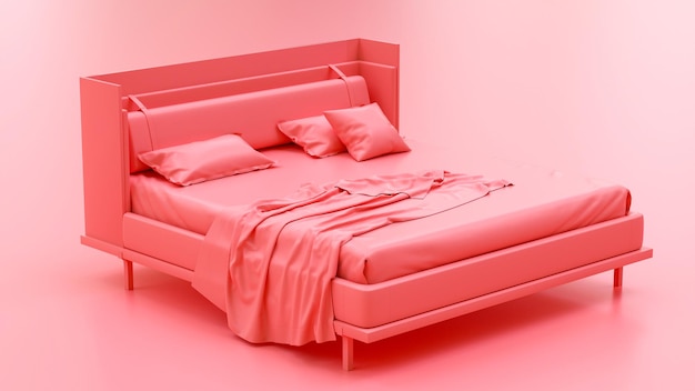 Scena della camera da letto rossa con lenzuolo matrimoniale, piumone, cuscini. Camera di colore rosa in interni, stile piatto