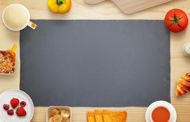 Scena della colazione con il tè del tagliere del pane tostato della frutta dello spazio libero sul tavolo