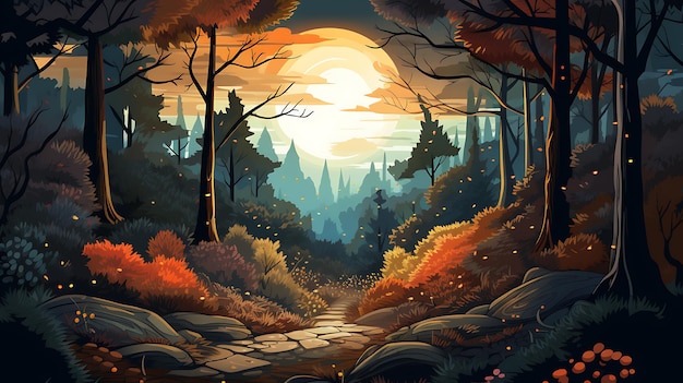 Scena della foresta d'autunno con strada di erba a metà autunno illustrazione della stagione autunnale