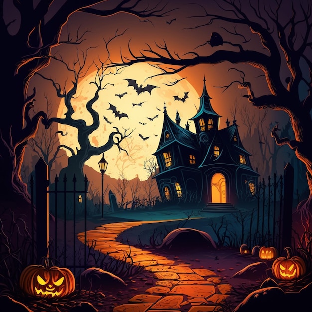 Scena della notte di Halloween con una casa inquietante e zucche generative ai