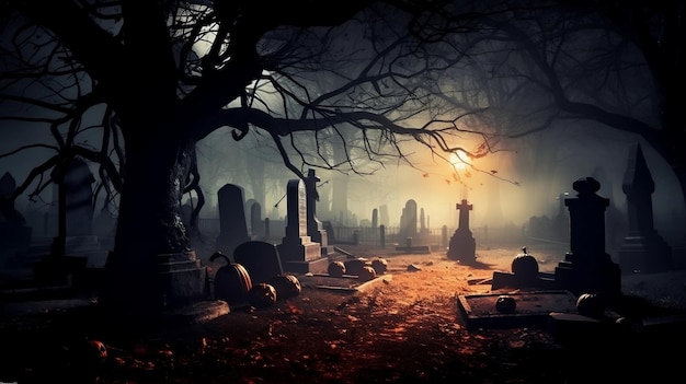 Scena della notte di Halloween in un cimitero