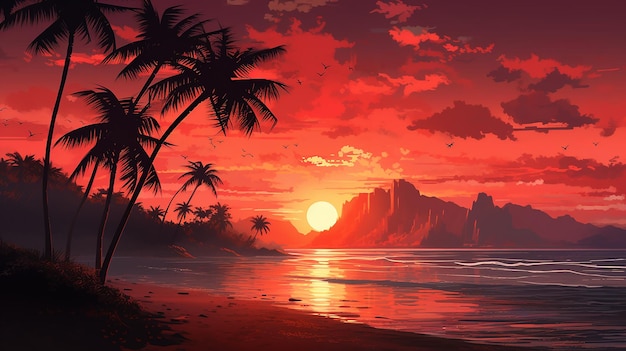Scena della spiaggia con palme vibranti di silhouette al tramonto arancione e rosa che ondeggiano nella brezza