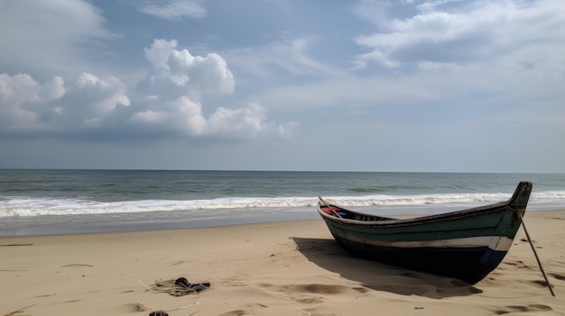 Scena della spiaggia con una barca da pesca sulla riva