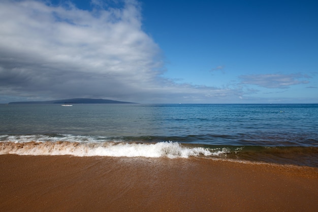 Scena della spiaggia tropicale. Vista mare dalla spiaggia estiva con cielo. Paesaggio costiero.