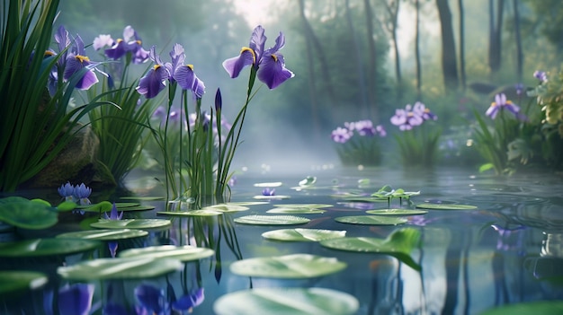 Scena dello stagno di gigli d'acqua con fiori viola