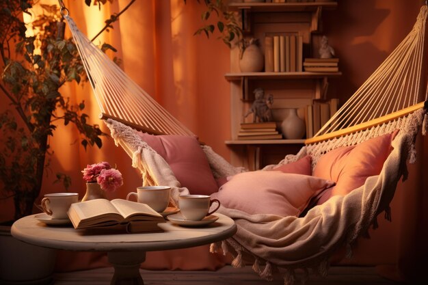 Scena di amaca rilassante con libro e tè concetto di hygge