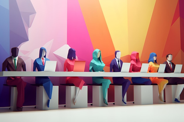 Scena di assunzione sul posto di lavoro inclusiva Colloquio di lavoro multiculturale in stile LowPoly