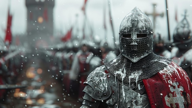 Scena di battaglia medievale con un cavaliere in armatura sul campo di battaglia Focalizzazione selettiva
