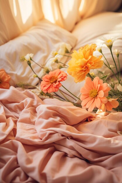 Scena di bellezza con fiori su un letto