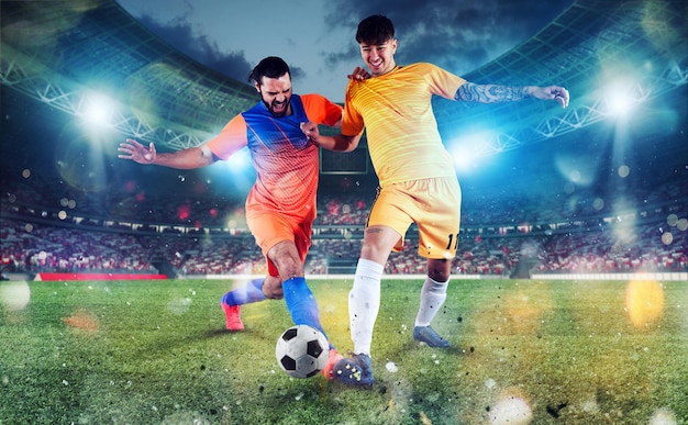 Scena di calcio con giocatori di calcio in competizione allo stadio