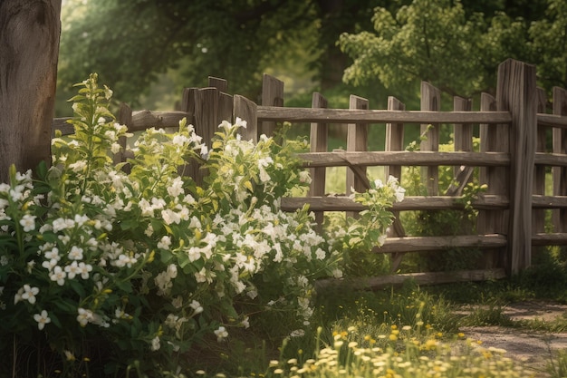 Scena di campagna con staccionata in legno e viti in fiore