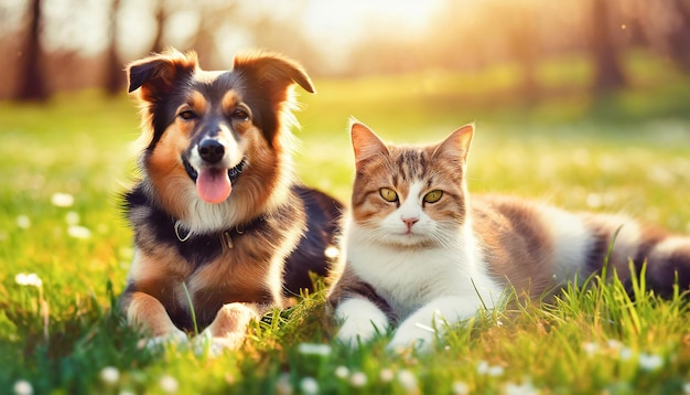 scena di cane e gatto in un campo calmo e posando