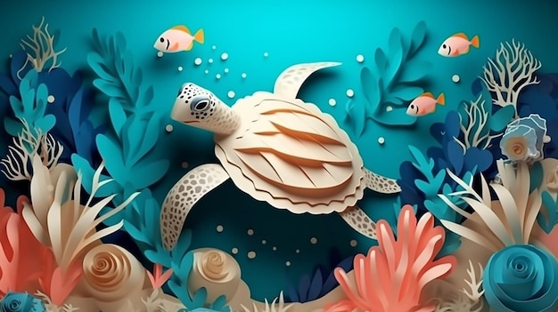 Scena di carte e poster di sotto il mare e l'oceano con AI generativa di pesci e tartarughe