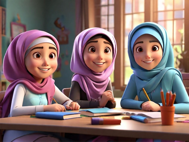 Scena di cartone animato 3D con tre giovani ragazze in hijab sedute a un tavolo con matite e libri