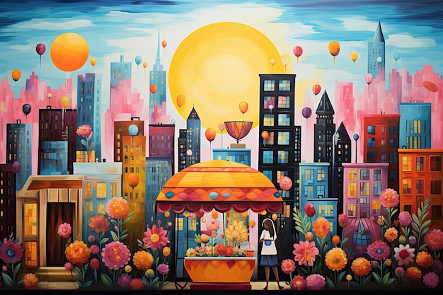 scena di cartone animato con paesaggio urbano di giorno illustrazione per bambini vivace chiosco di limonata in un paesaggio urbano stravagante con edifici alti e un mercato vivace e vivace Generato dall'intelligenza artificiale