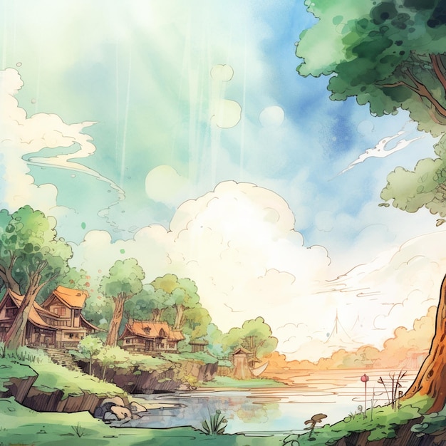 Scena di cartone animato di un fiume con una casa e un albero generativo ai