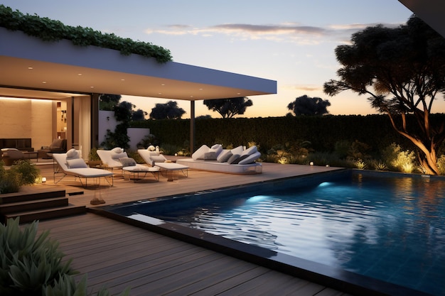 Scena di casa modello con piscina con letto diurno design esterno villa di lusso