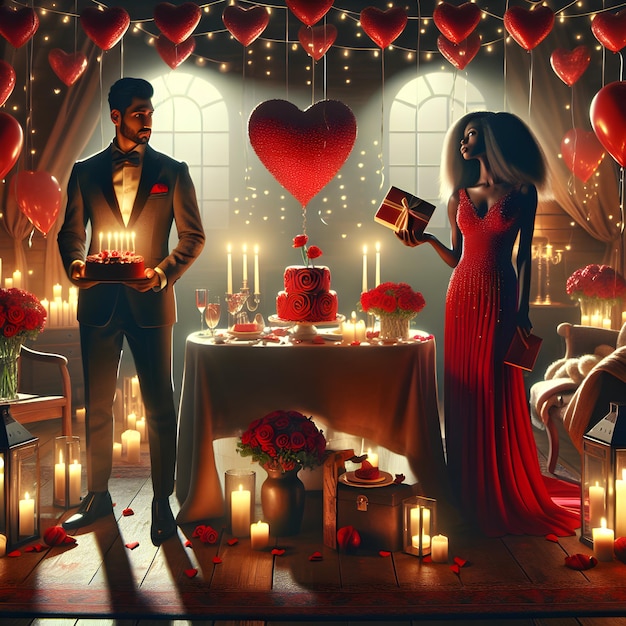 Scena di celebrazione di San Valentino con un uomo in un vestito elegante e una donna che indossa un vestito rosso