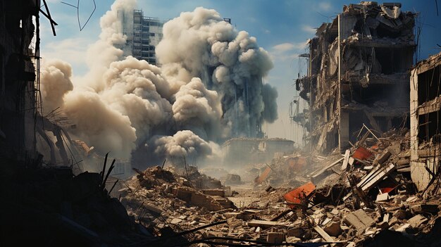 Scena di città distrutta e bombardata in guerra AI generativa