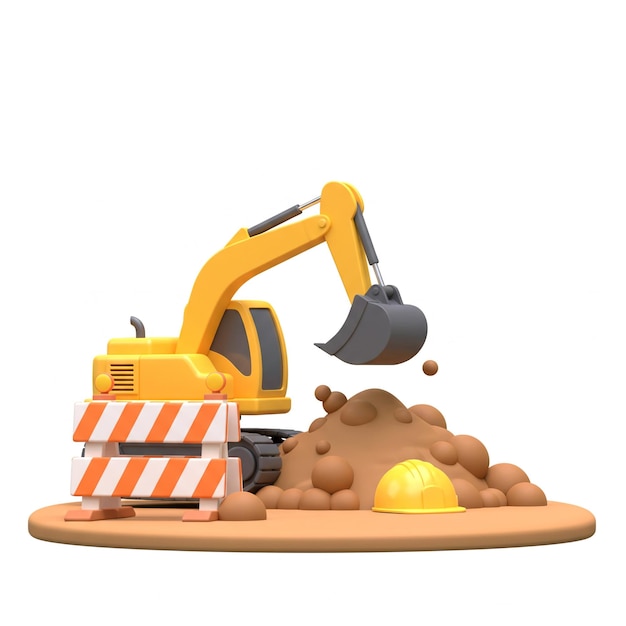 Scena di costruzione dell'escavatore che scava il suolo con cappello rigido e barriera