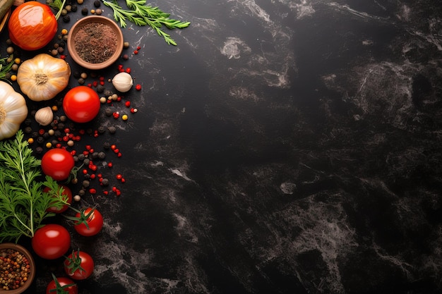 Scena di cucina con sfondo in pietra nera spezie e verdure Vista dall'alto Spazio per il testo