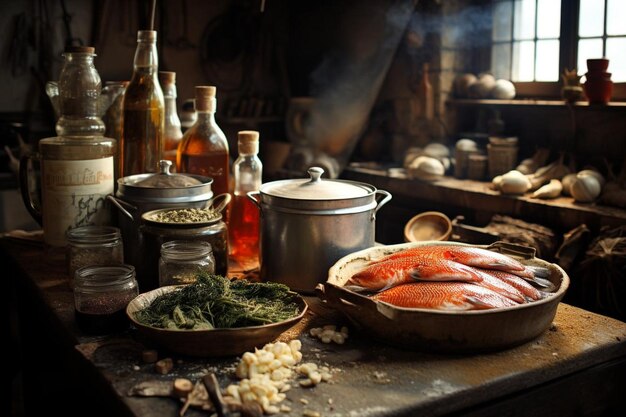 Scena di cucina vintage Cucina pesce rosso fotografia di foto di alta qualità Pesce rosso