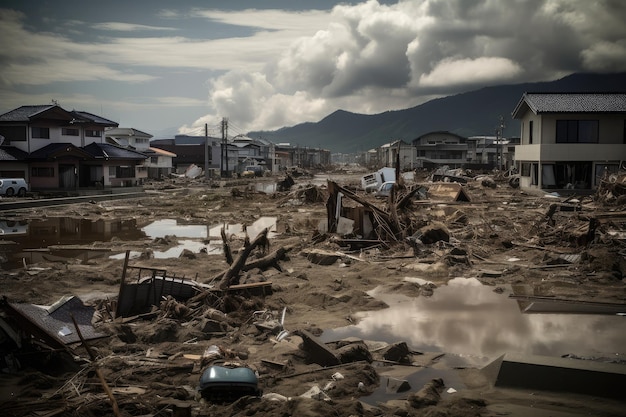 Scena di devastazione dopo lo tsunami con case e aziende distrutte e persone disperse