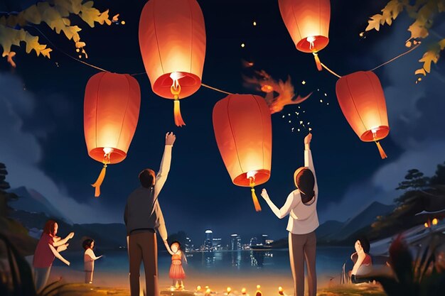 Scena di famiglia delle lanterne del cielo desidera per l'anno prossimo