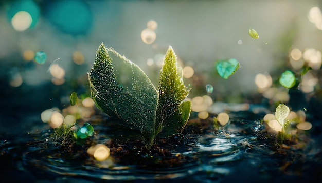 Scena di fantasia di foglie verdi che galleggiano sull'acqua Illustrazione digitale 3D