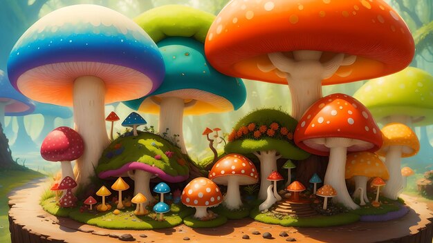 Scena di fantasia di funghi colorati per la carta da parati