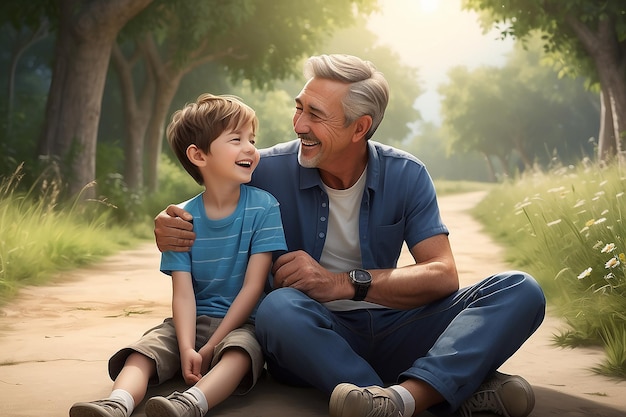 Scena di felicità fotorealista con padre e figlio