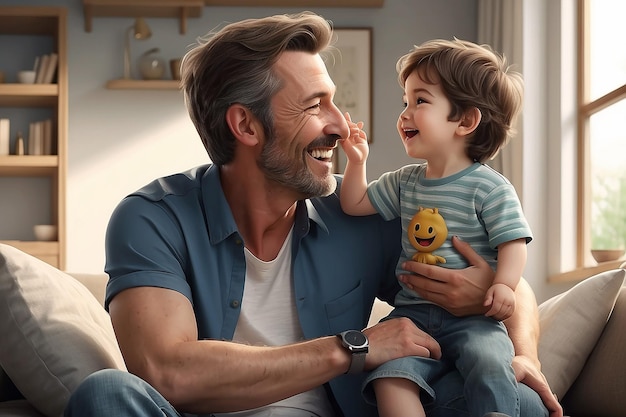 Scena di felicità fotorealista con padre e figlio